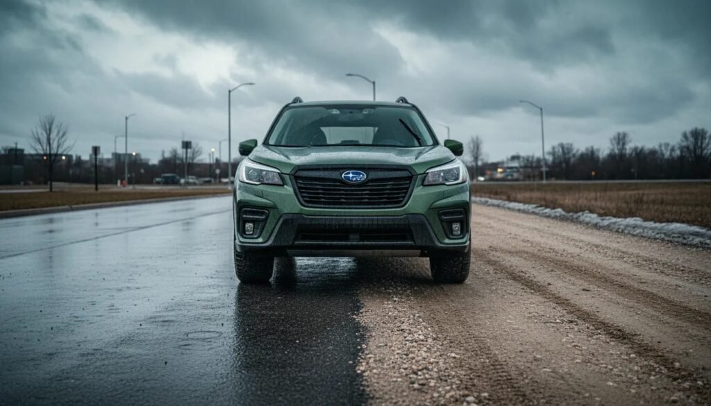 Close-up of a 2025 Subaru Forester all-terrain tire with wet pavement and light off-road gravel in the background, showing grip in rain and snowy conditions.