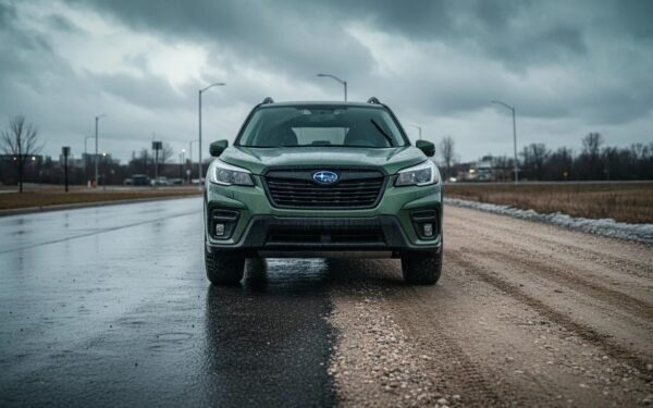 Close-up of a 2025 Subaru Forester all-terrain tire with wet pavement and light off-road gravel in the background, showing grip in rain and snowy conditions.