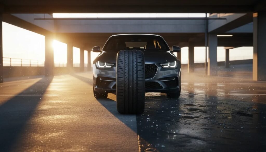 Photorealistic close-up of an all-season performance tire on a sedan, shown with dry and wet road lighting and subtle light winter atmosphere, highlighting tread detail and year-round grip.