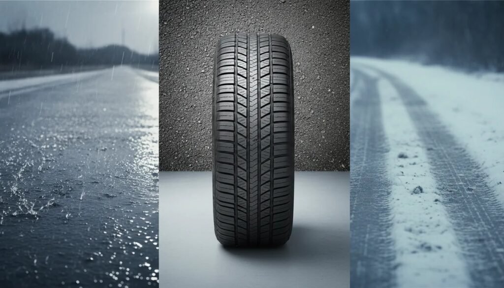 Photorealistic image of an all-season tire demonstrating traction in wet rain, dry pavement, and light snow conditions, with no text or branding.