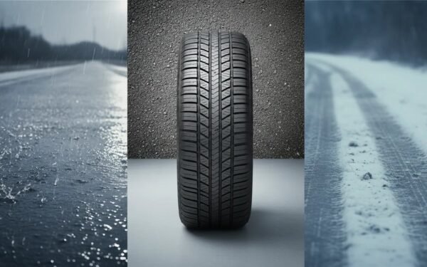 Photorealistic image of an all-season tire demonstrating traction in wet rain, dry pavement, and light snow conditions, with no text or branding.