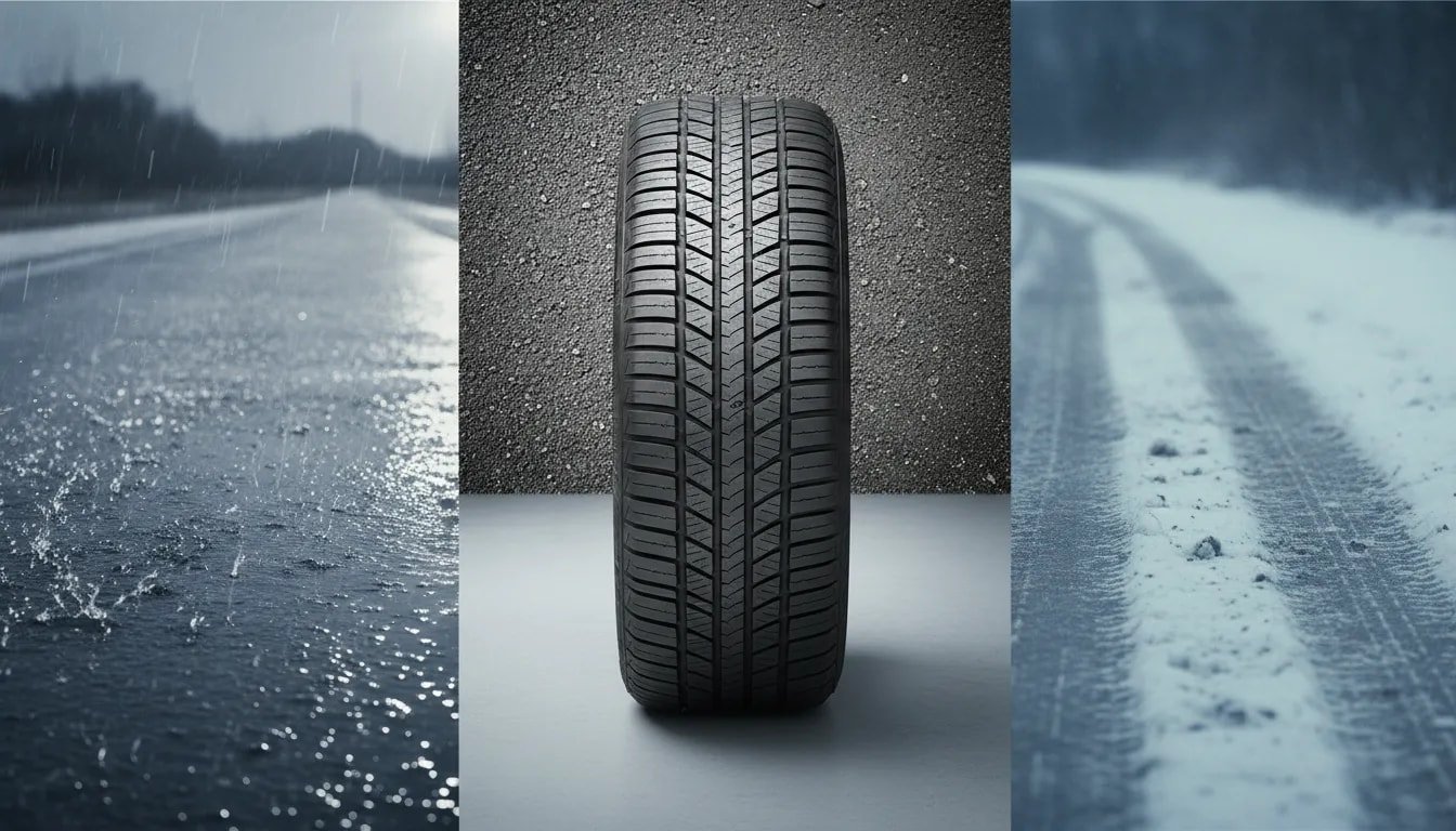 Photorealistic image of an all-season tire demonstrating traction in wet rain, dry pavement, and light snow conditions, with no text or branding.