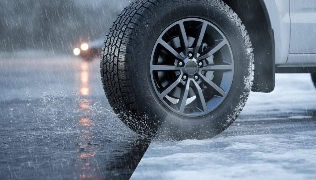 Photorealistic all-season truck/SUV tire showing wet rain and light snow conditions with detailed tread and confident traction