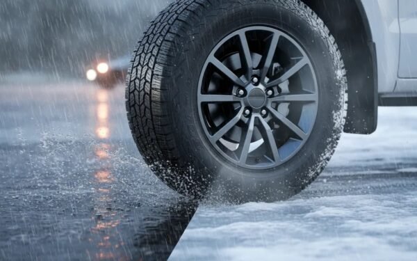 Photorealistic all-season truck/SUV tire showing wet rain and light snow conditions with detailed tread and confident traction