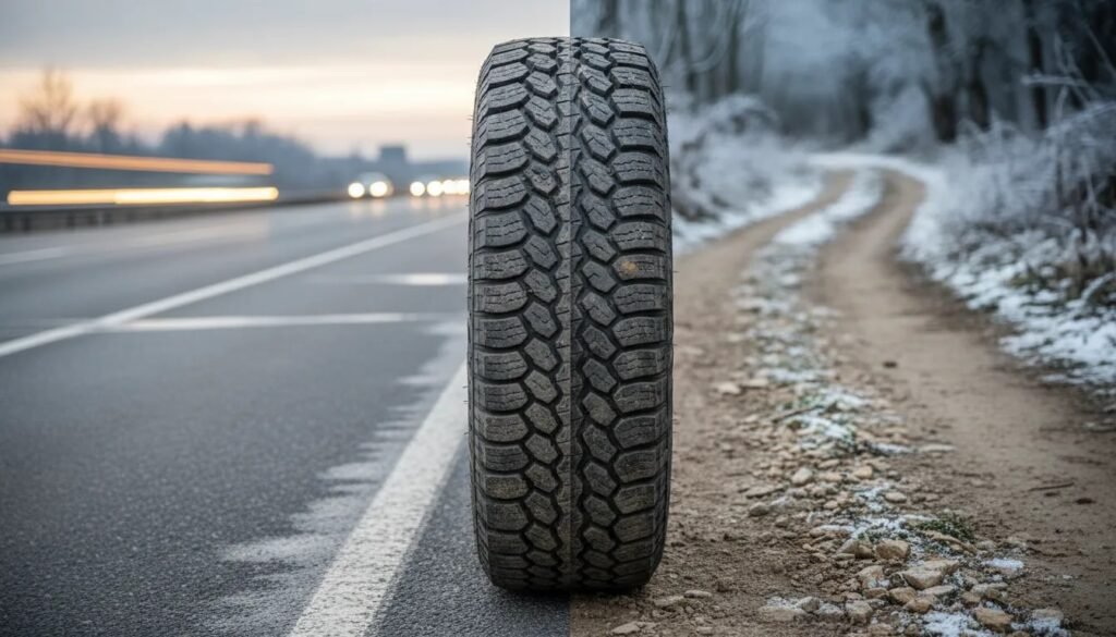 Photorealistic all-terrain tire shown on a quiet highway and a rugged dirt trail, highlighting versatile highway and off-road performance without any text.