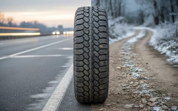 Photorealistic all-terrain tire shown on a quiet highway and a rugged dirt trail, highlighting versatile highway and off-road performance without any text.