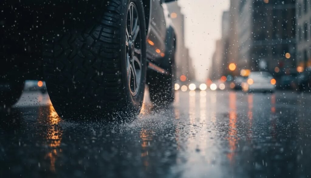 All-terrain tire with visible tread rolling on wet pavement with water spray and reflections
