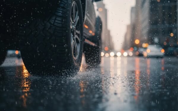 All-terrain tire with visible tread rolling on wet pavement with water spray and reflections