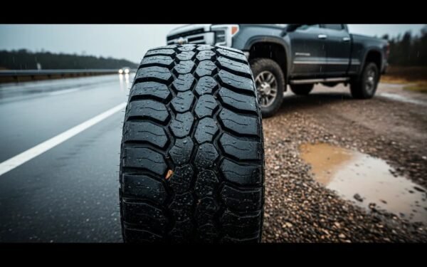 Photorealistic close-up of an all-terrain truck tire with a split road-and-off-road background showing pavement and rugged dirt terrain.
