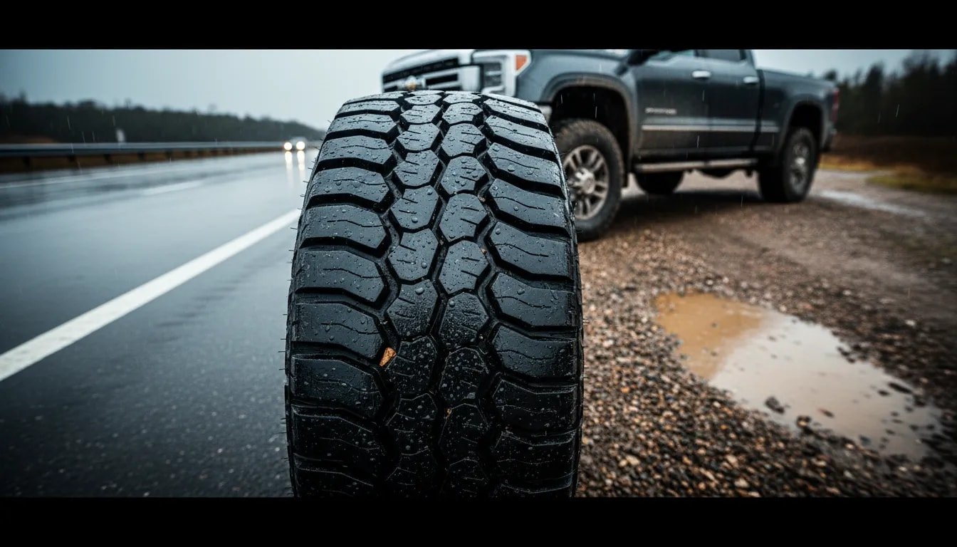 Photorealistic close-up of an all-terrain truck tire with a split road-and-off-road background showing pavement and rugged dirt terrain.