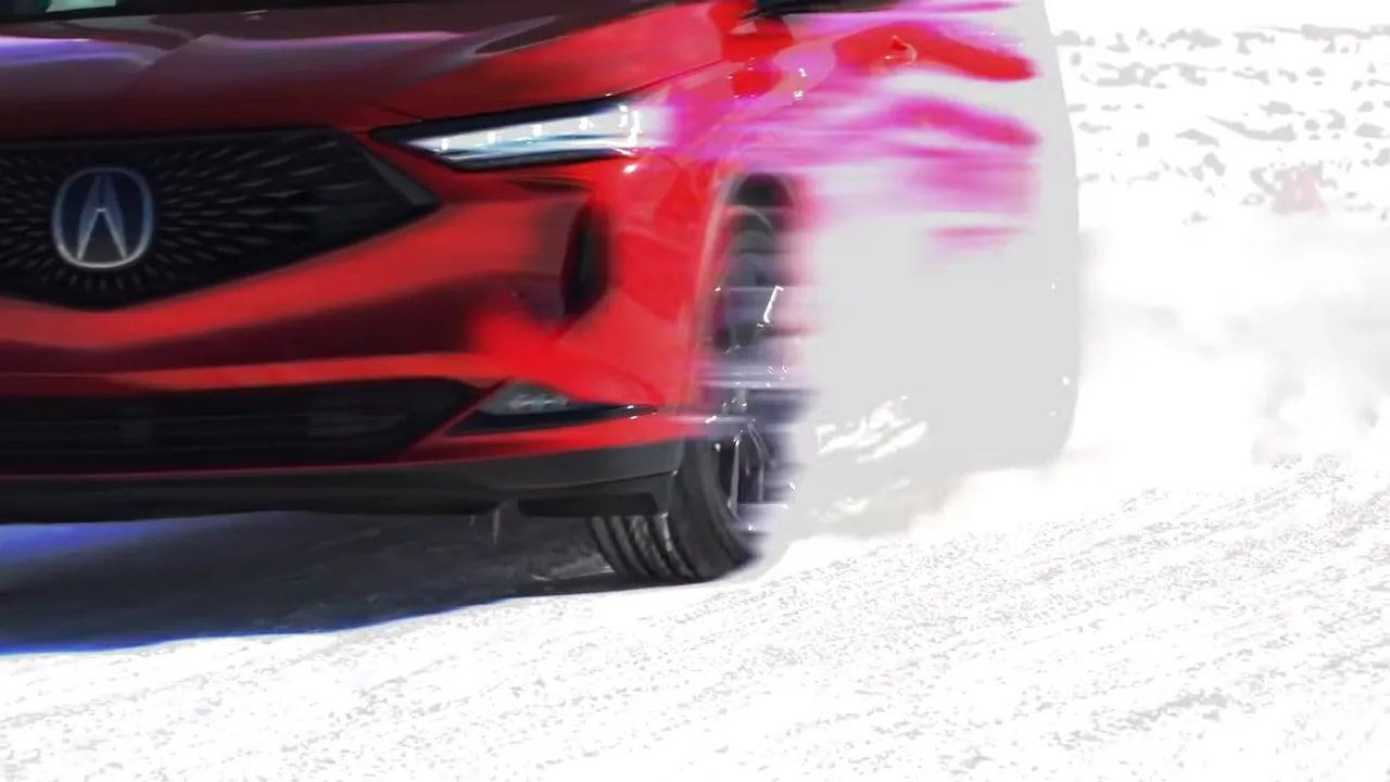 All-weather SUV tire driving on wet slushy road with water spray