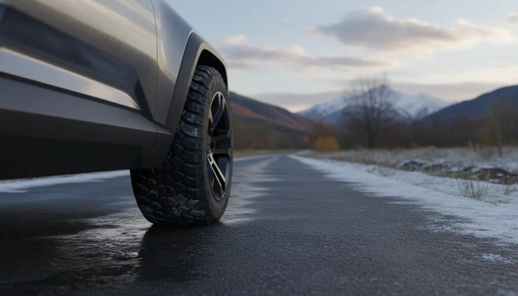 Modern SUV with detailed all-weather tire tread on a split wet-dry-light-snow road scene, illustrating versatile seasonal grip.