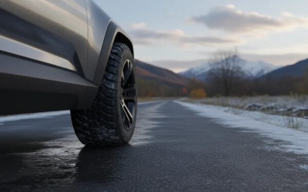 Modern SUV with detailed all-weather tire tread on a split wet-dry-light-snow road scene, illustrating versatile seasonal grip.
