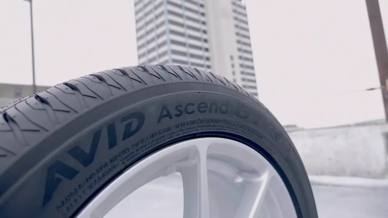 Close-up view of AVID Ascend GT tire sidewall and tread