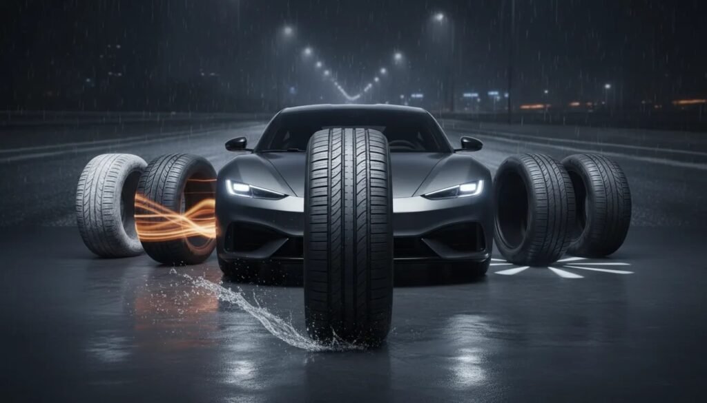 Photorealistic image of multiple unlabeled car tires beside a modern car, with wet-road and light-frost cues to represent grip, safety, and comfort for choosing the best tire brand.