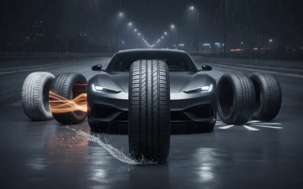 Photorealistic image of multiple unlabeled car tires beside a modern car, with wet-road and light-frost cues to represent grip, safety, and comfort for choosing the best tire brand.