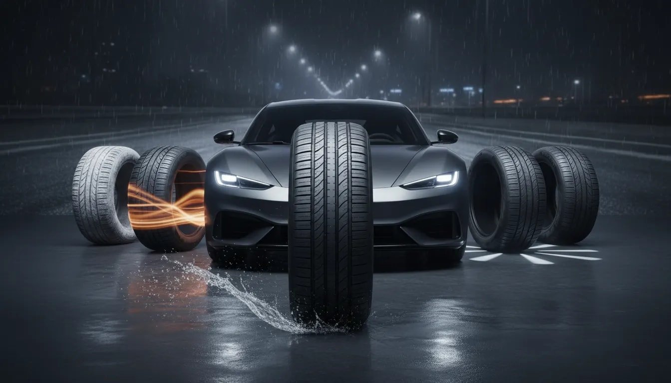 Photorealistic image of multiple unlabeled car tires beside a modern car, with wet-road and light-frost cues to represent grip, safety, and comfort for choosing the best tire brand.