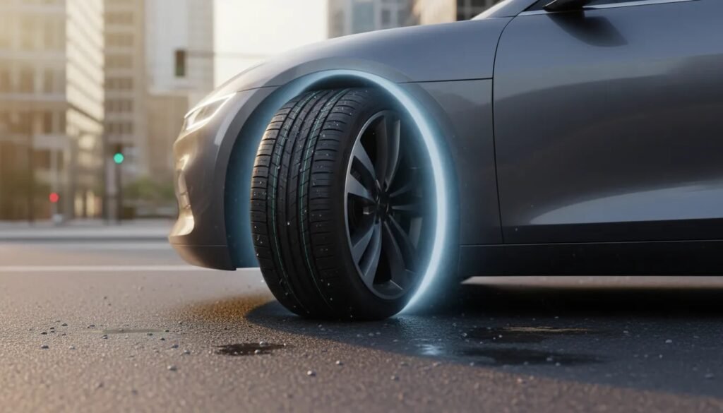 Photorealistic close-up of a modern electric car’s wheel on a slightly wet road, highlighting efficient tread, quiet ride concept, and traction for EVs.