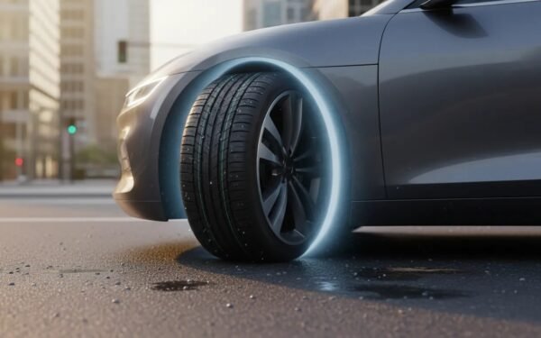 Photorealistic close-up of a modern electric car’s wheel on a slightly wet road, highlighting efficient tread, quiet ride concept, and traction for EVs.
