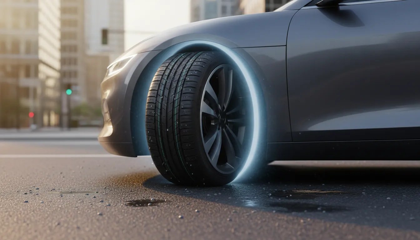 Photorealistic close-up of a modern electric car’s wheel on a slightly wet road, highlighting efficient tread, quiet ride concept, and traction for EVs.