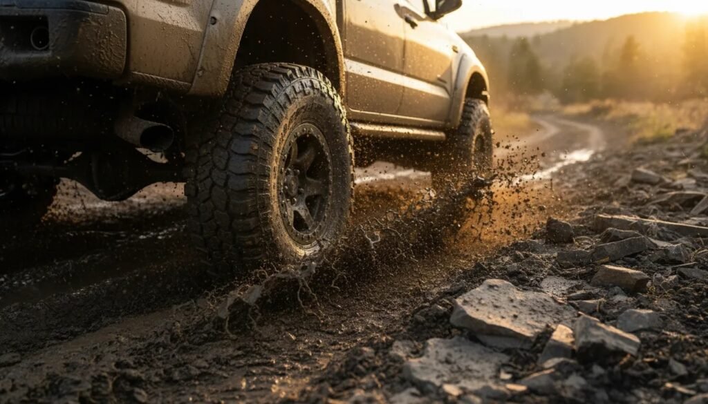 Mud-terrain tires on an off-road pickup truck driving through deep mud and rocks
