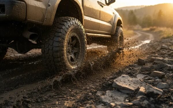 Mud-terrain tires on an off-road pickup truck driving through deep mud and rocks