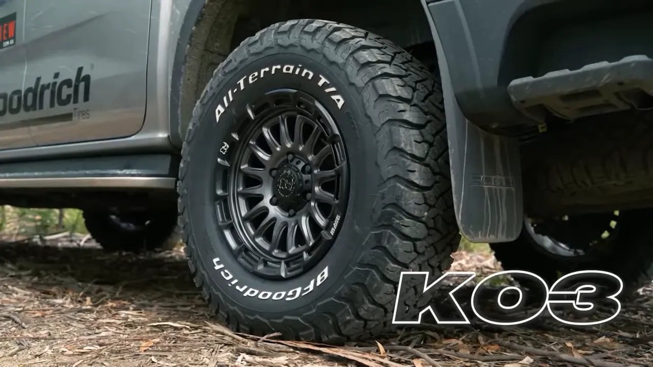 BFGoodrich All-Terrain T/A KO3 tire on vehicle wheel with visible tread lugs
