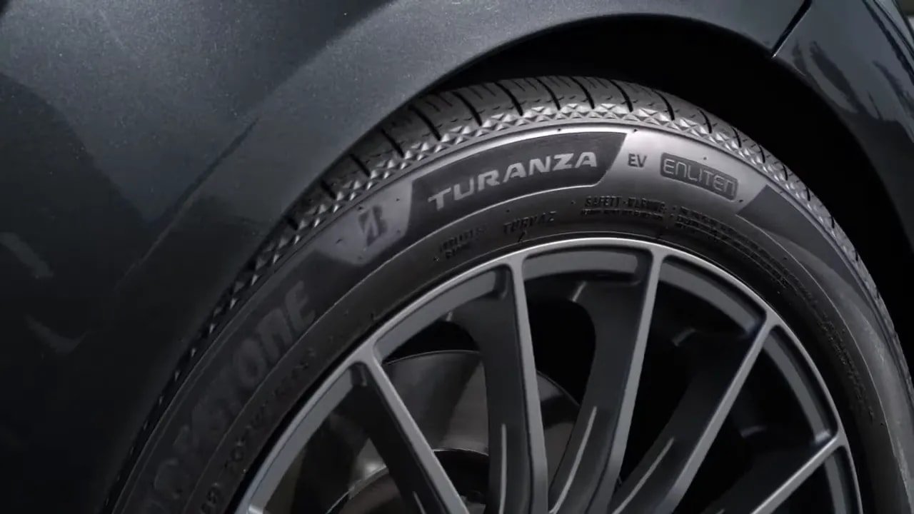 Close-up of Bridgestone Turanza EV tire tread and sidewall branding