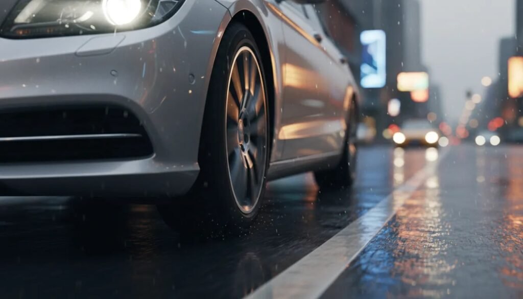 Close-up of a sedan’s all-season tire on a wet road showing tread detail and controlled wet traction for a quiet, safe ride.
