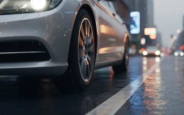 Close-up of a sedan’s all-season tire on a wet road showing tread detail and controlled wet traction for a quiet, safe ride.