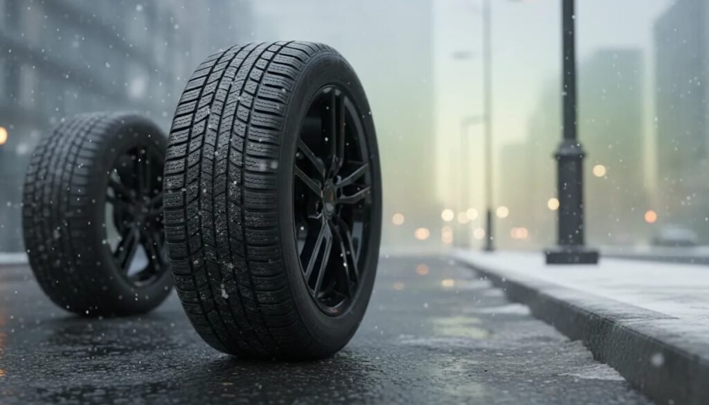Photorealistic mixed-weather scene showing budget all-season tires with visible tread on a car, featuring wet pavement and light snow for balanced wet grip, comfort, and light winter traction.