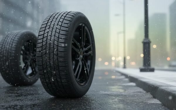 Photorealistic mixed-weather scene showing budget all-season tires with visible tread on a car, featuring wet pavement and light snow for balanced wet grip, comfort, and light winter traction.