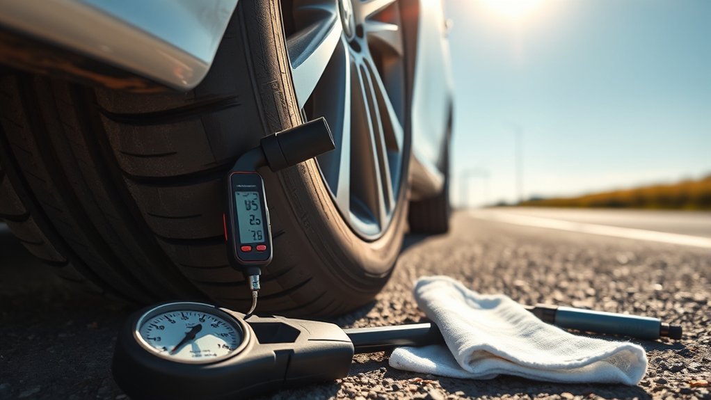 Checking Toyota Camry tire pressure with a tire gauge