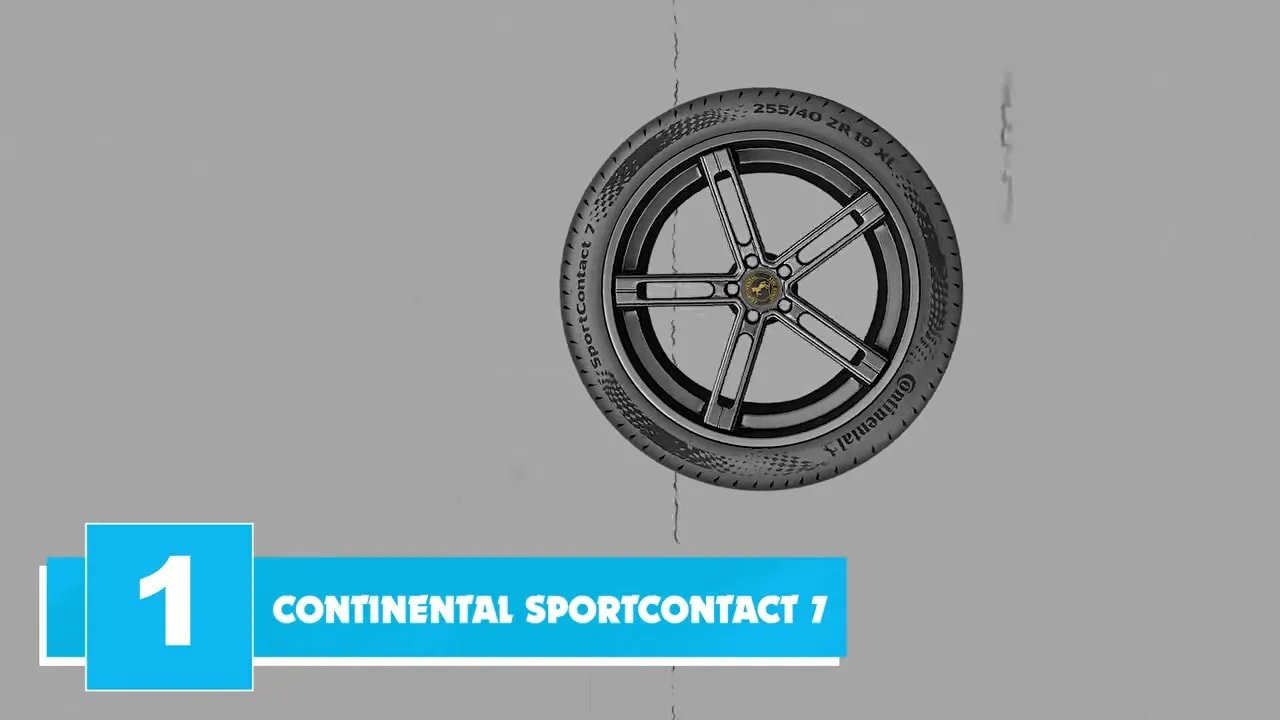 Continental SportContact 7 tire close-up with branding overlay