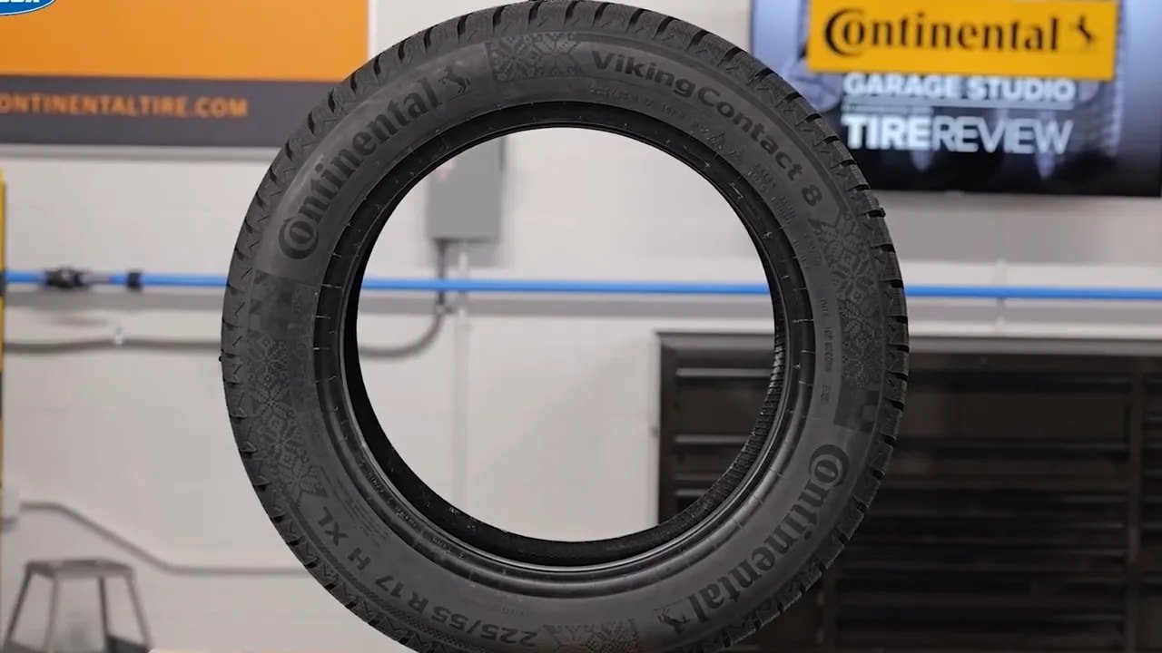Continental VikingContact 8 studless winter tire with tread pattern in workshop