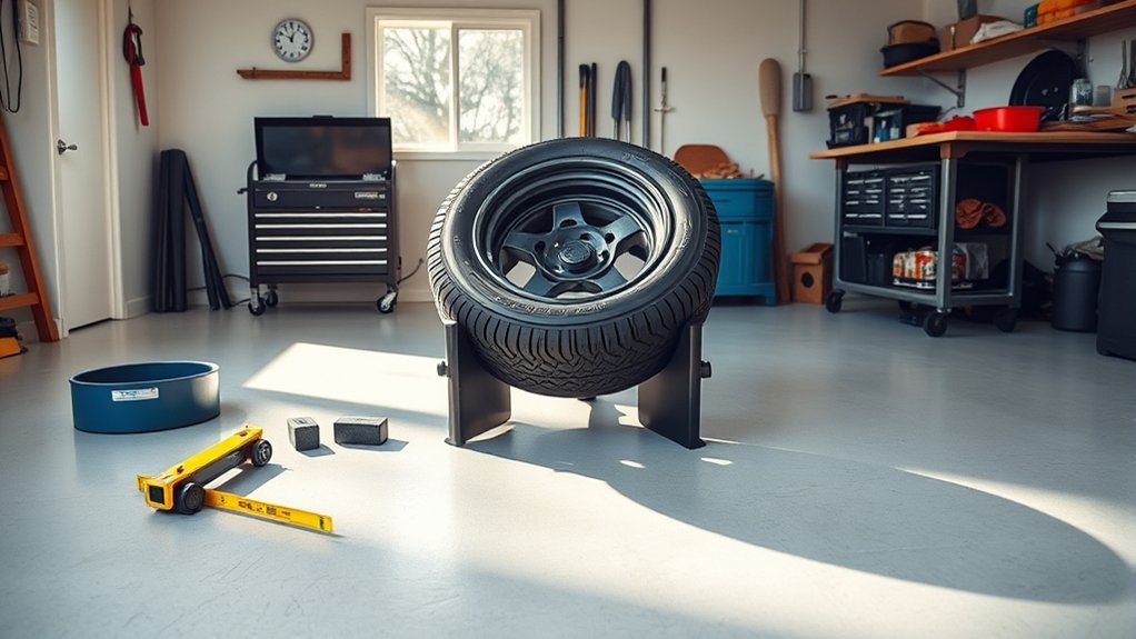 DIY tire balancing setup with wheel weights and bubble balancer