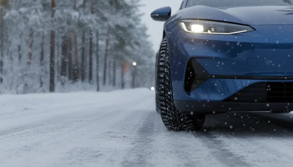 Modern electric car with winter tires gripping packed snow on an icy winter road