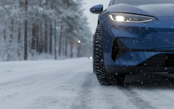 Modern electric car with winter tires gripping packed snow on an icy winter road