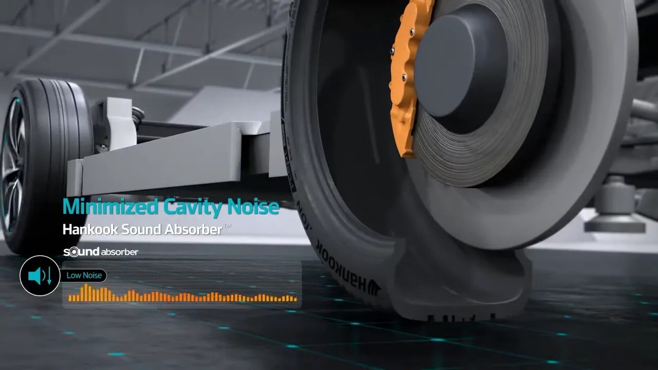 Diagram-style screenshot of tire noise reduction labeled 'Minimized Cavity Noise' and 'Hankook Sound Absorber'