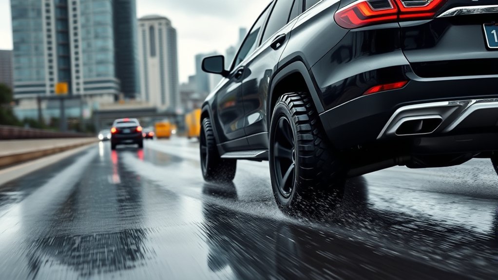 Mud-terrain tire tread on a paved highway