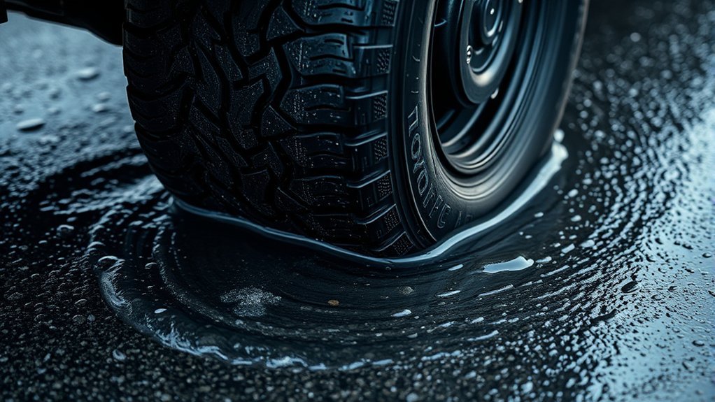 Toyota Hilux tire hydroplaning on a wet road showing reduced vehicle control