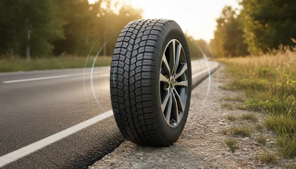 Photorealistic view of an all-terrain tire on an SUV transitioning from quiet highway pavement to gravel and light dirt, with subtle fading sound-wave visuals suggesting low road noise.