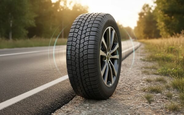 Photorealistic view of an all-terrain tire on an SUV transitioning from quiet highway pavement to gravel and light dirt, with subtle fading sound-wave visuals suggesting low road noise.