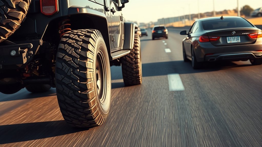 Mud-terrain tire tread illustrating higher rolling resistance