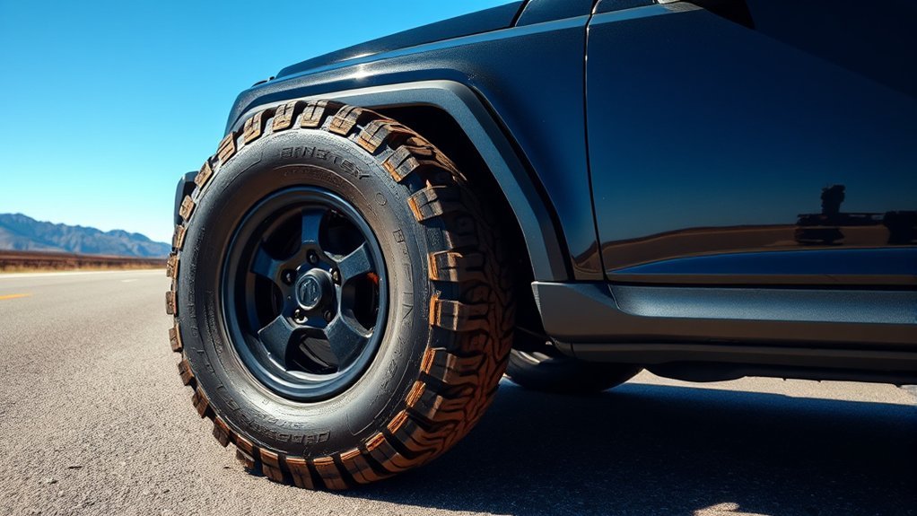 Mud-terrain tire beside a highway-focused tire for comfort comparison