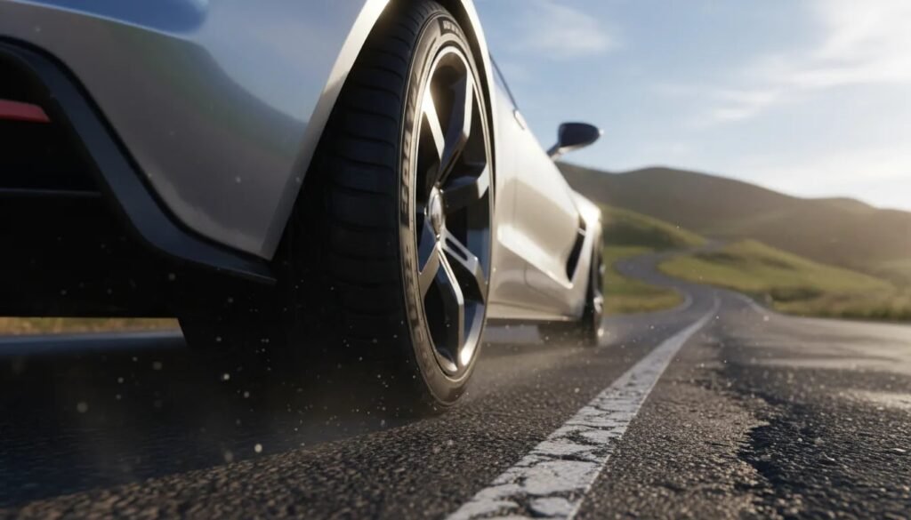Close-up of a performance summer tire on a modern car driving on a sunlit road with subtle wet sheen to suggest dry grip and wet braking.