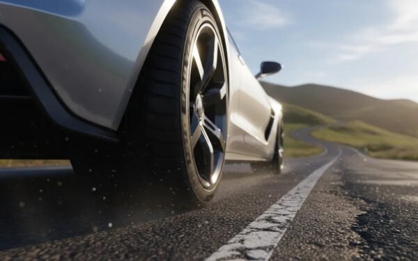 Close-up of a performance summer tire on a modern car driving on a sunlit road with subtle wet sheen to suggest dry grip and wet braking.