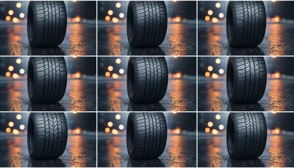 Photorealistic close-up of a performance car tire on a wet city street, showcasing six realistic tread pattern variations for daily driving.