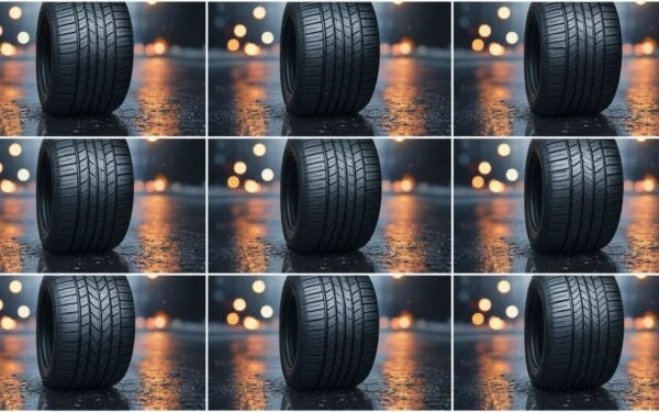 Photorealistic close-up of a performance car tire on a wet city street, showcasing six realistic tread pattern variations for daily driving.