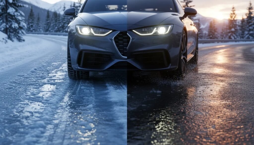 Photorealistic winter driving scene showing high-performance tire tread gripping ice and wet slushy roads without any text.